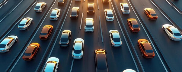 Traffic flowing under sunset glow on a busy highway.