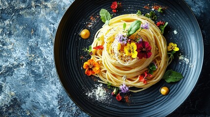 Elegant plate of spaghetti finished with fresh flowers for a beautiful and flavorful dining experience