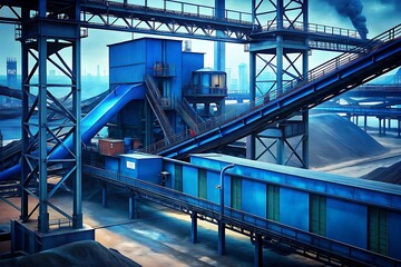 Fototapeta premium Modern Industrial Facility with Blue Conveyor Belts and Structures in Urban Setting