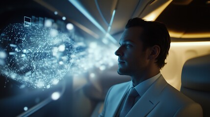 Businessman Analyzing Data in Futuristic Aircraft