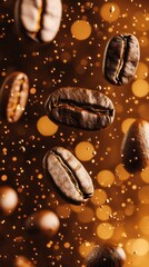 Fototapeta premium Suspended coffee beans in warm glow a dance of motion and depth