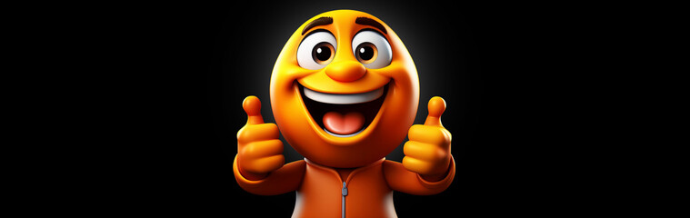 Close-up of a three-dimensional happy yellow-orange smiling emoji with thumbs up, isolated on black background with copy space. Emoticon cute cartoon character. Blank wide banner. Generative Ai.