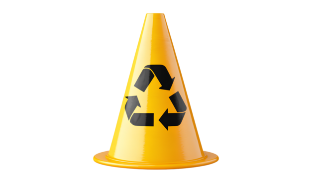 A yellow traffic cone with the symbol of waste plastic recycling on it, isolated on a transparent background