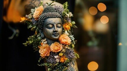 Buddha Statue with Floral Arrangement  Spiritual Peace  Meditation  Serenity