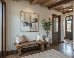 farmhouse, rustic interior home design of modern hall, home, rustic entryway with wooden bench, neutral decor, textured cushion, and abstract art in a warm, welcoming space 