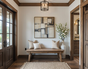 farmhouse, rustic interior home design of modern hall, home, rustic entryway with wooden bench, neutral decor, textured cushion, and abstract art in a warm, welcoming space 