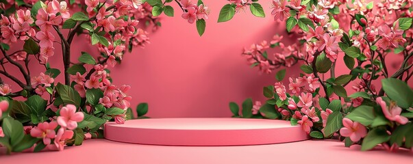 Vibrant Floral Display on Pedestal Amidst Blooming Branches Against Pastel Pink Background, Spring's Circle of Life in Full Bloom Nature-Inspired Decor with Circular Pedestal and Floral Accent