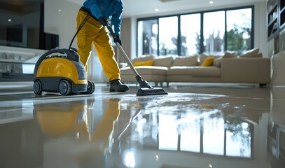 a person cleaning a shiny floor with a professional cleaning machine.