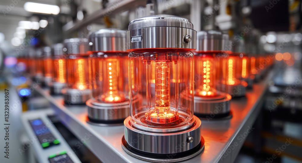 Fototapete In a futuristic laboratory, multiple quantum devices illuminate with a vibrant orange glow. These intricate machines represent cutting-edge technology vital for quantum computation and data analysis.