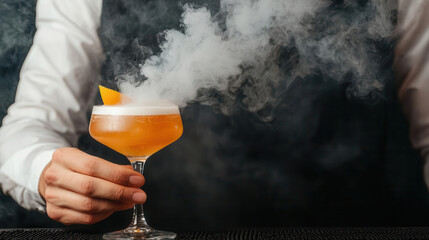 Bartender creating a cocktail with smoke effects, adding an extra flair to the presentation with a smoky, magical appearance, 3D render