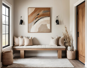 farmhouse, rustic interior home design of modern hall, home, rustic entryway with wooden bench, neutral decor, textured cushion, and abstract art in a warm, welcoming space 