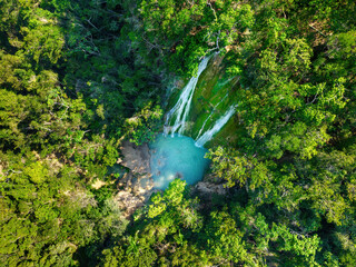 Beautiful tropical rainforest and waterfall El Limon in the mountan, Samana island, Dominican Republic. Famous place for tourism in Dominicana