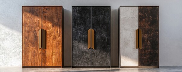 Colourful Storage Cabinets: Three Isolated Furniture Pieces with Brown and Black Racks on a White Background
