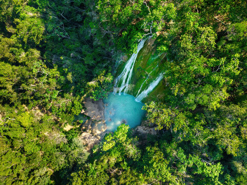 Beautiful tropical rainforest and waterfall El Limon in the mountan, Samana island, Dominican Republic. Famous place for tourism in Dominicana