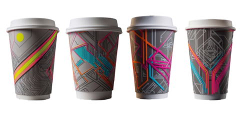 Coffee paper cup featuring geometric neon pattern