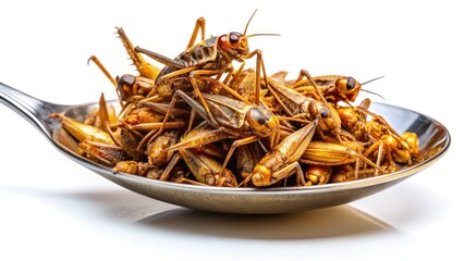 Obraz premium Isolated crispy fried insects, a high-protein snack, dramatically lit against a stark white background.