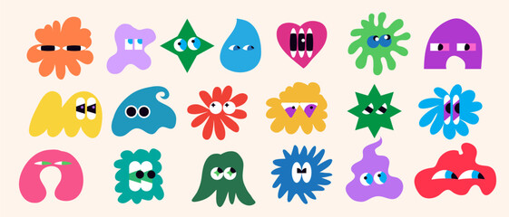 Futuristic different funky shapes eyes Collection of various cute patches, labels, tags, stickers, stamps Psychedelic cartoon vector icon illustration