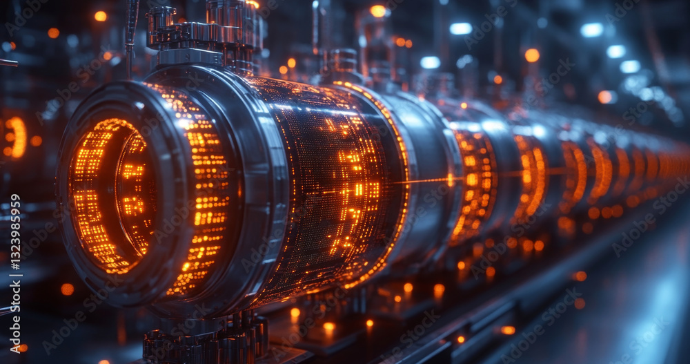 Fototapete Advanced quantum computing systems showcase glowing qubits and intricate connections inside a sleek, high-tech facility focused on data optimization and algorithm processing.