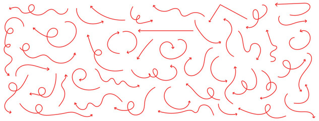 Hand drawn thin line arrows set. Arrow icon. Doodle arrow. Collection different arrows sign. Many vector curvy and wavy arrows. Red hand drawn doodle arrow set .