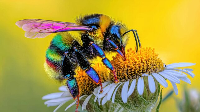 A vividly colored orchid cuckoo bee delicately sips nectar from a white daisy flower.