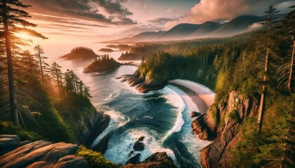 Sunset illuminating inlets and beaches of the wild pacific coastline in canada