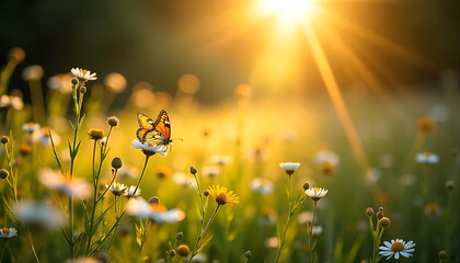 Fototapeta premium Ethereal Summer Meadow in Full Bloom, Sunlit Beauty & Fluttering Butterflies, created with generative ai