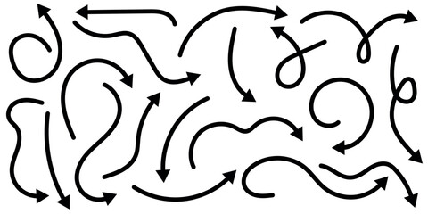 Hand drawn arrow set. Lines, hand drawn black arrows in various styles.Simple hand drawn black arrows pack. Simple lines hand drawn black arrows. Various simple lines arrows collection. Hand-drawn bla
