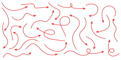 Arrow vector red hand drawn sketch icon set. Doodle sketch drawn red direction element set. Pencil doodle line graphic design elements.