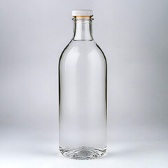 Clear glass bottle water container studio setting product photography minimalist environment front view beverage concept