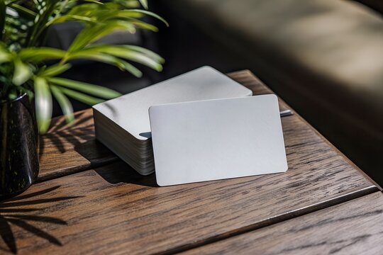 Minimalist business card mockup with rounded corners on a rustic wooden table. Blank white design for branding or corporate identity. Natural lighting enhances the realistic presentation.