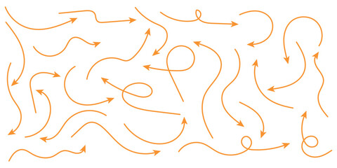 Hand drawn curved, doodle, and zigzag dotted arrow collection. Simple directional lines in orange color. Hand drawn arrows icons vector design. Swirls arrows doodle lines icon set