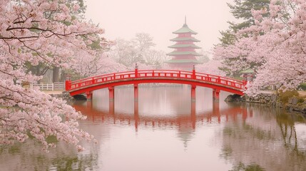 Fototapeta premium Tranquil cherry blossom scene with a red bridge and pagoda
