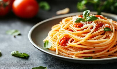 Plate of spaghetti with cherry tomatoes and basil leaves.