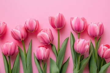 Naklejka premium Pink tulips arranged on a pastel pink background