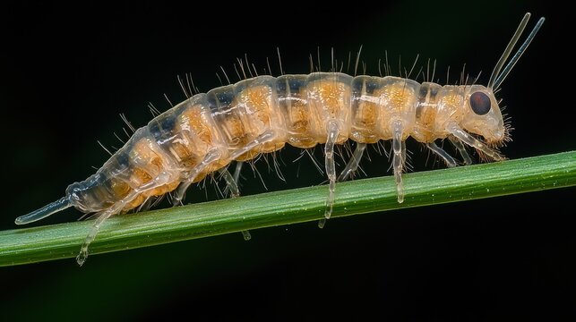 A translucent springtail crawls across a green plant stem in exquisite macro detail.