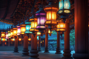 Obraz premium Inside a grand temple hall, rows of colorful lanterns hang from the ceiling, their vibrant hues illuminating the intricately carved wooden pillars and beams.