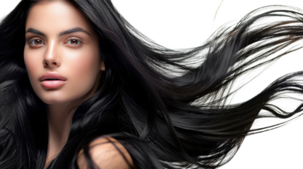 Beautiful brunette model showing long healthy hair on transparent background