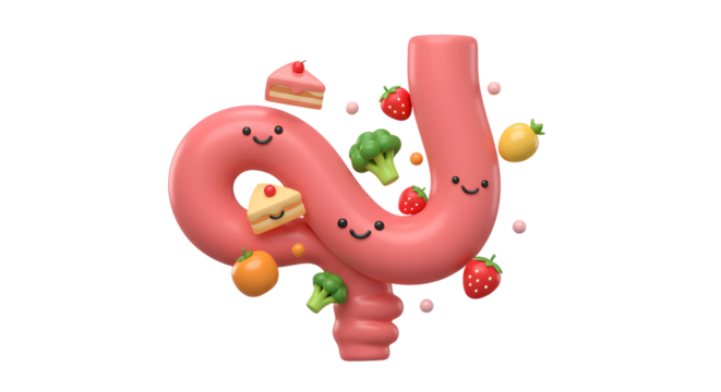 Friendly intestine cartoon surrounded by healthy and unhealthy food choices
