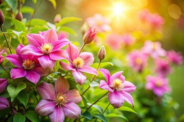 Fototapeta premium Macro tilt-shift captures Piilu Clematis's breathtaking pink summer bloom.