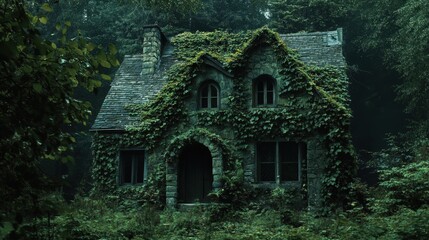 A charming stone house covered in ivy, sitting peacefully in a dark, shadowy woodland