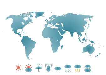 Obraz premium 世界地図と天気記号アイコンのイラスト