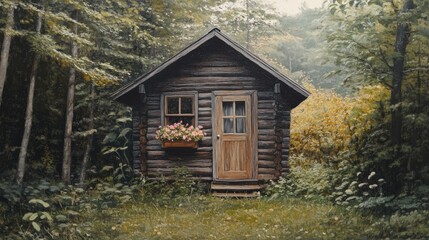 A charming wooden cabin with flower boxes, standing alone in an abandoned, overgrown forest