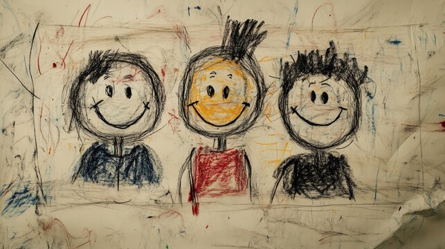 A child drawing of a happy family, but in the corner, a dark figure is scribbled in violently