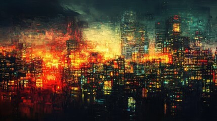 A cityscape at night where the lights are randomly duplicated, creating a surreal, dreamlike atmosphere