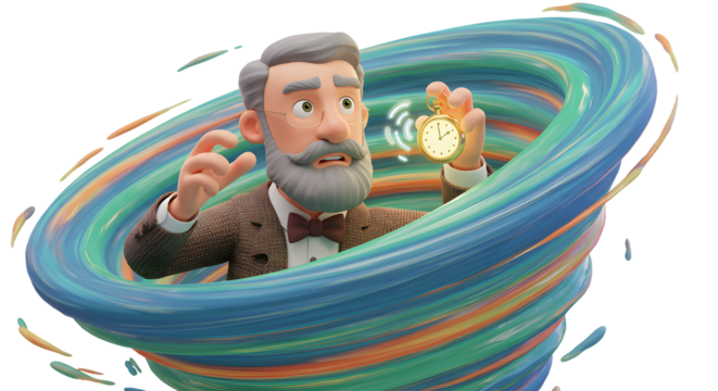 Animated character trapped in a swirling vortex while holding a pocket watch