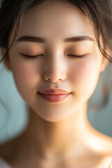 Naklejka premium Close-up of a young Asian woman with glowing skin, closed eyes, and soft sunlight on her face, radiating beauty and serenity.