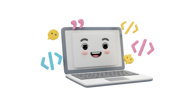 Laptop character with code symbols illustration symbolizing software development