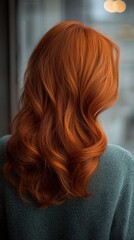 Naklejka premium Vibrant red tresses cascading in a cozy caf setting
