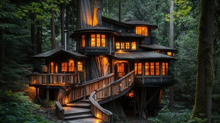 Obraz premium A cozy wooden home built into a giant tree, its windows twinkling like fireflies in the night