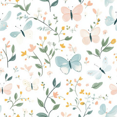 A seamless pattern of pastel-colored butterflies and flowers, with delicate green leaves interwoven among them, creating an airy feel on a white background. 